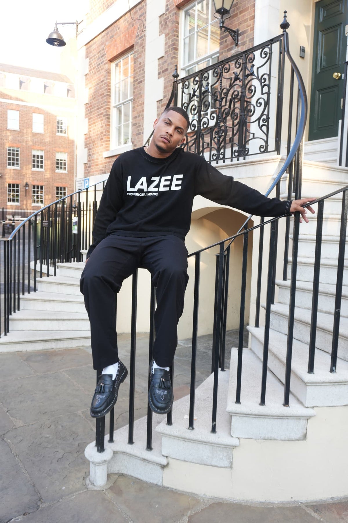 LAZEE Stealth Black Waffle Knit — front, on model